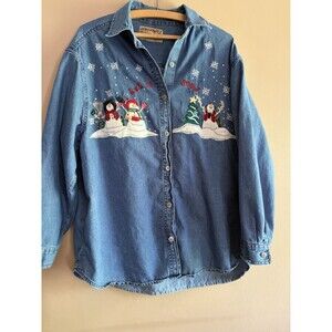 Vtg Tantrums Long Sleeve Button Up Denim Shirt Snowmen Size XL Winter Christmas
